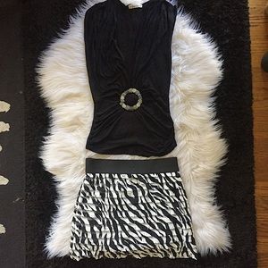 Deep v neck black top + zebra print mini skirt S